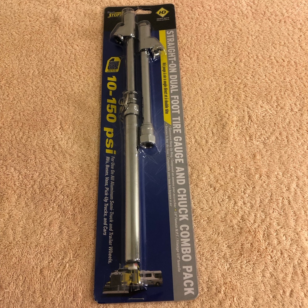 Truck Stuff Straight On Dual Foot Tire Gauge & Chuck Combo Pack 10-150 PSI NIP